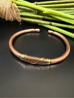 Vintage Solid Copper & Brass Open Cuff Bangle Modernist Bracelet
